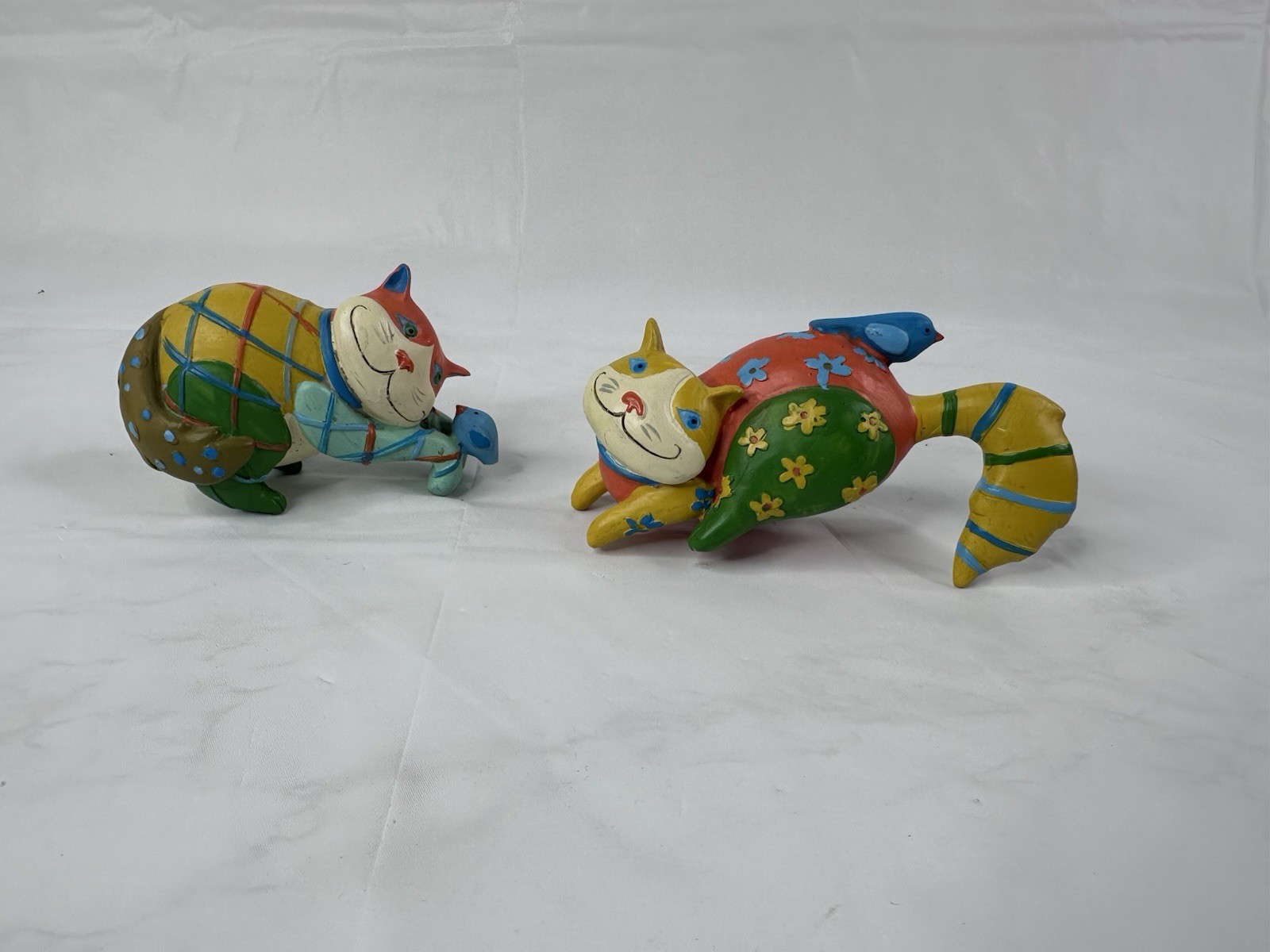 Whimsical Rainbow Primitive Folk Art Cats Figurine Resin Color Block