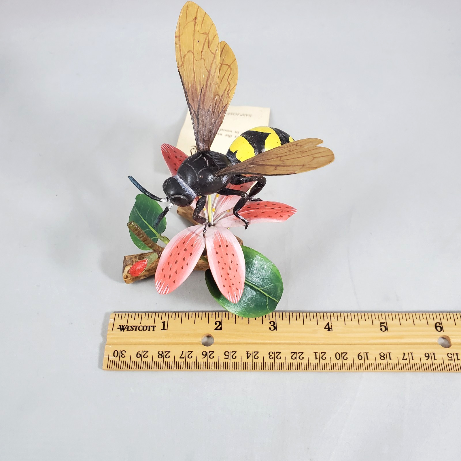 Vintage Nature Crafts Wood Paper Wasp on Flower & Branch Hand Carved & Painted