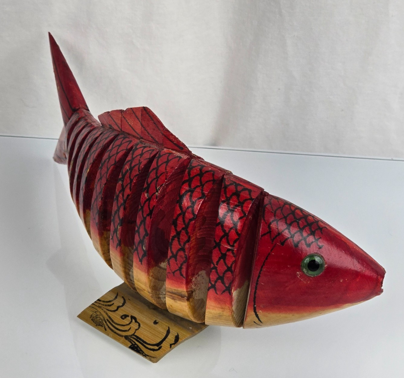 Carved Wood Reticulated Kinetic Fish Sculpture