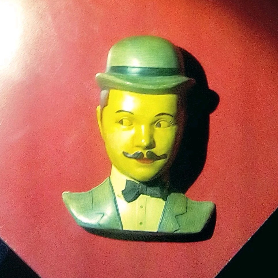 Ceramic Painted Bust Figurine with Bowler Hat Green Beige Brown Sculpture