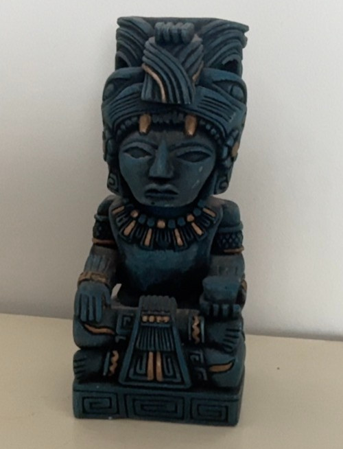 Interesting Carved Stone S. American God Figurine. Blue & Gold. 9″ Tall.