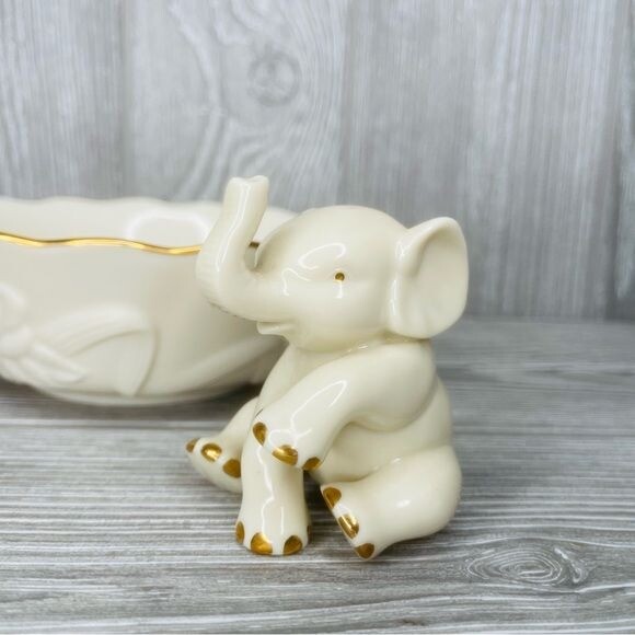 Rare Vintage Lenox Porcelain Elephant Figurines white gold figurine & bowl dish