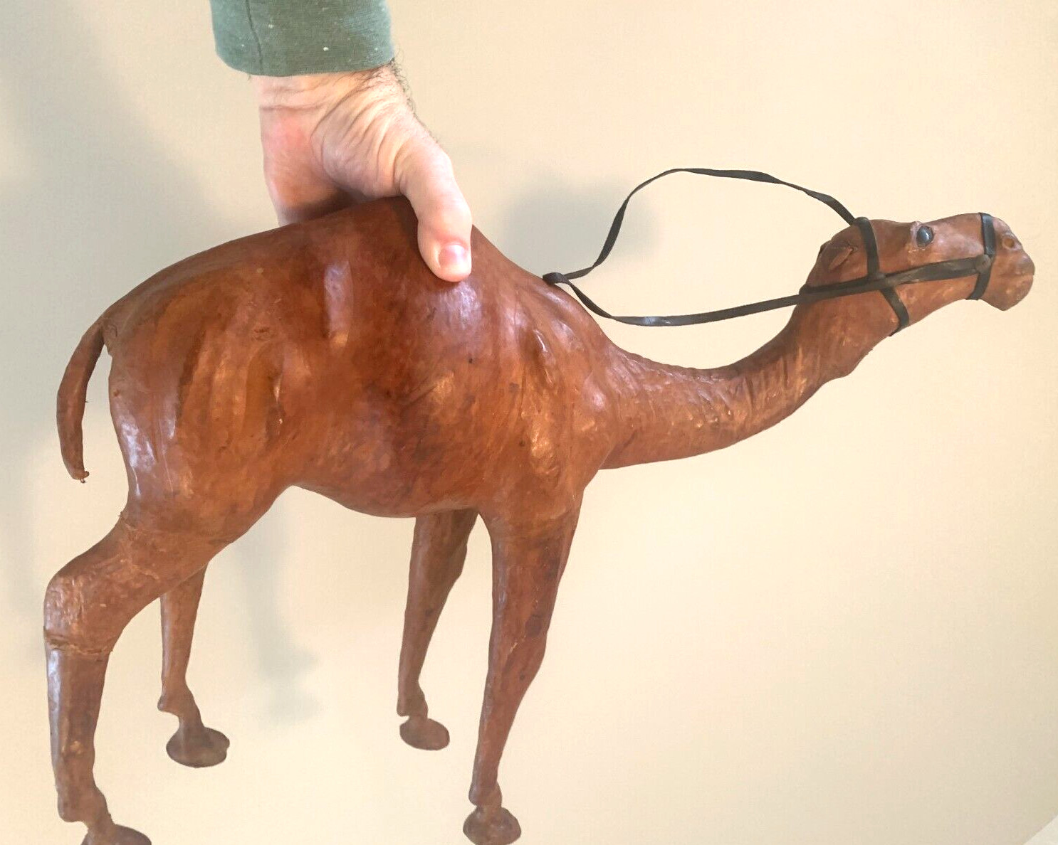 Vintage Leather Wrapped Large Camel 21′ W X 17″ Tall with glass eyes