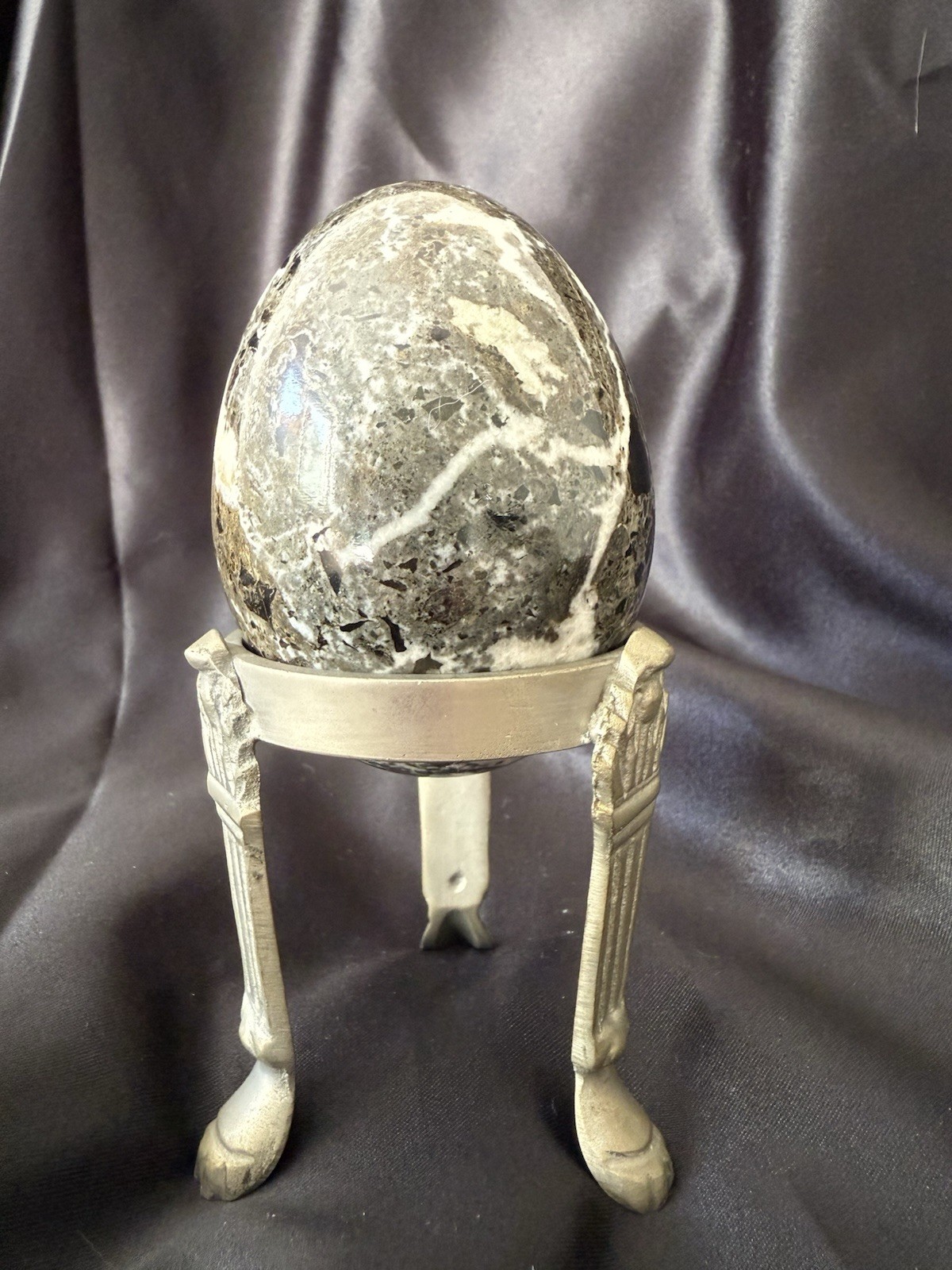 Large Vintage Stone Egg Sculpture on Metal Tripod Stand Mid Century Decor