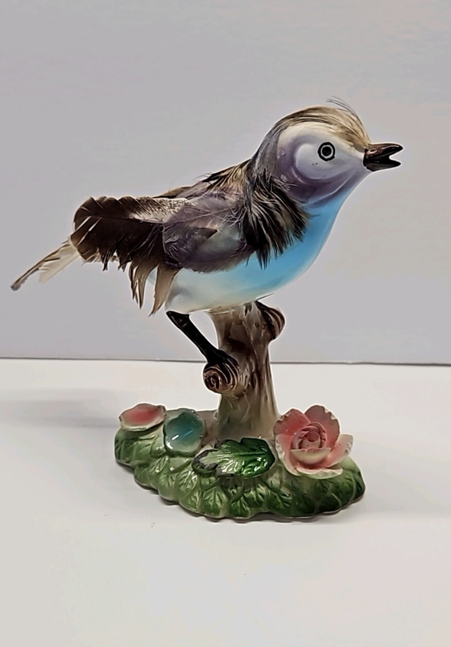 Vintage Ucago Blue Bird Real Feathers Japan Ceramic Figurine 1940s OOAK HTF