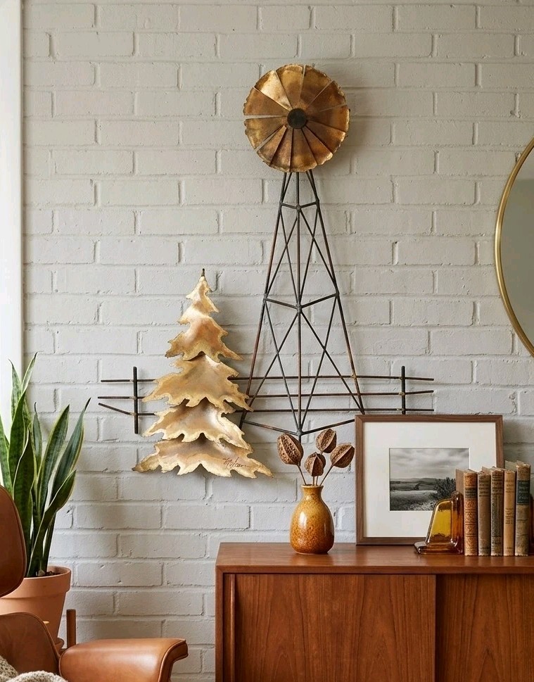 Vintage MidCentury Modern Metal Wall Art Sculpture Doug Nelson Windmill Tree MCM