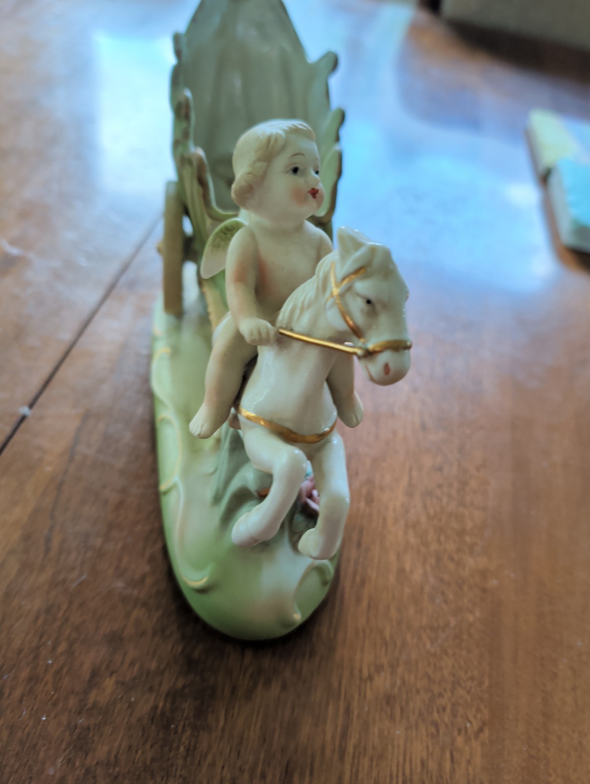 Lefton China Japan Bisque Green Gold Carriage Cherub On Horseback Pink Roses