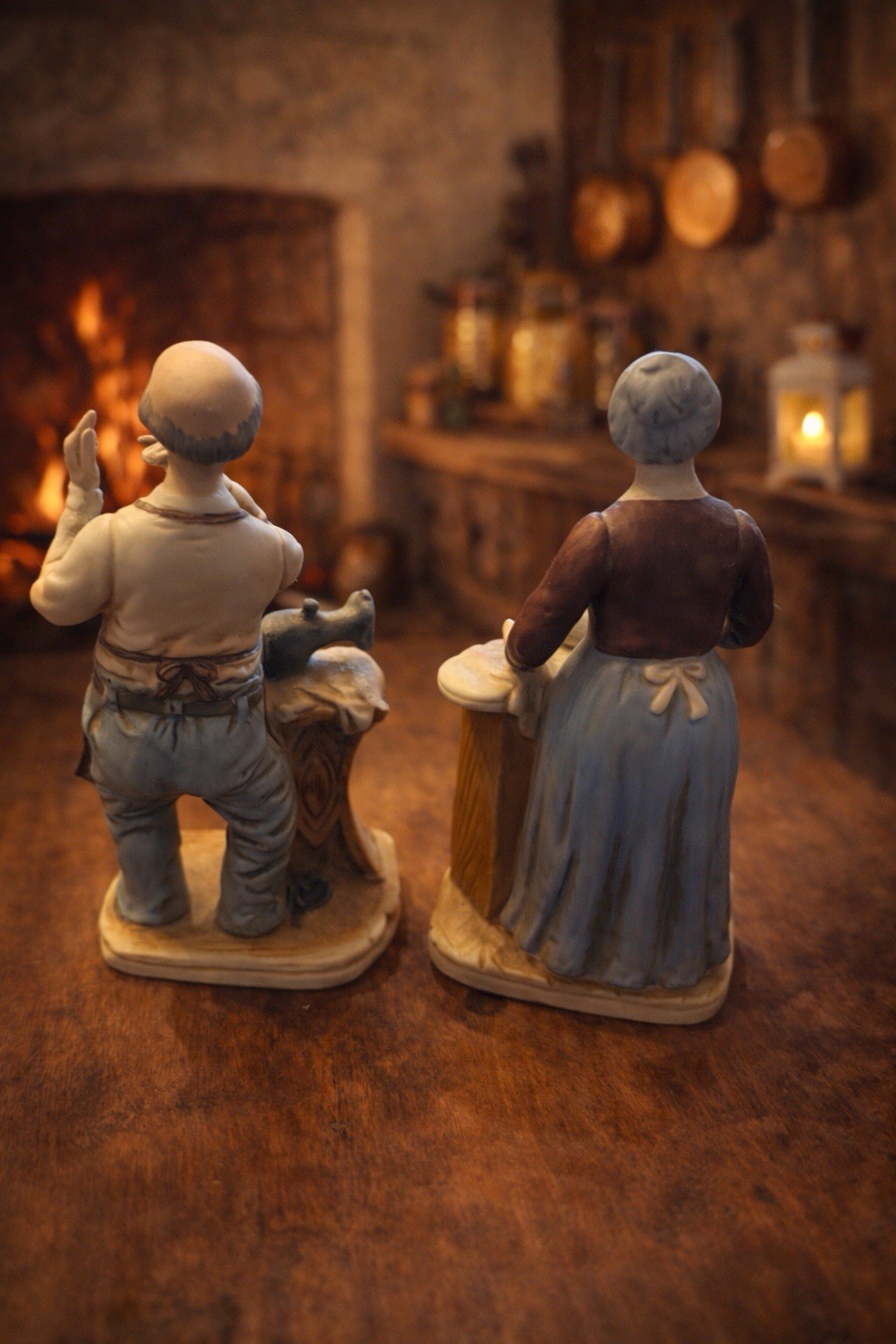 Hand Painted Ceramic Grandparents Figurines Multicolor Early 20th Century Set