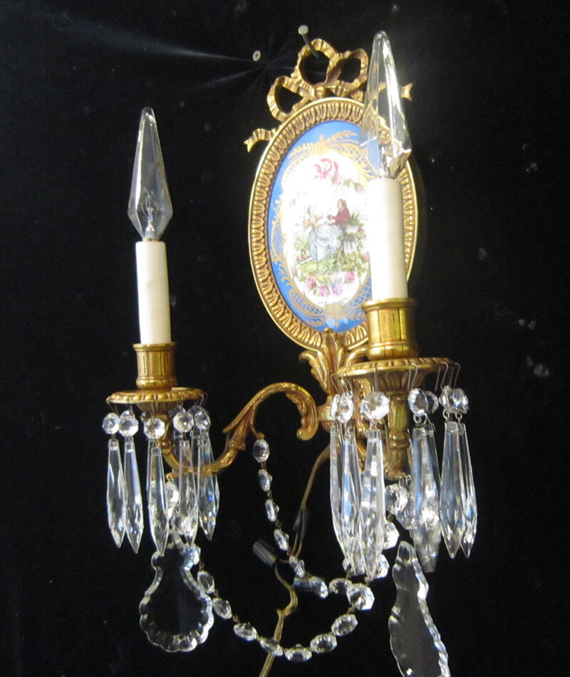 Pair 2-lite Sevres French Dore bronze sconce Porcelain Plaque like KPM