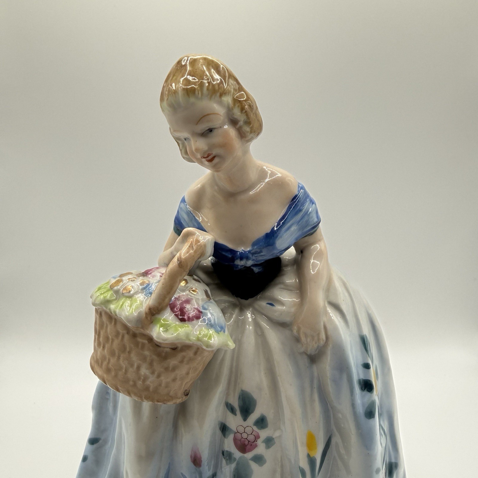 Vintage Japan Porcelain Lady Figurine 8” Woman w/ Basket Floral Dress