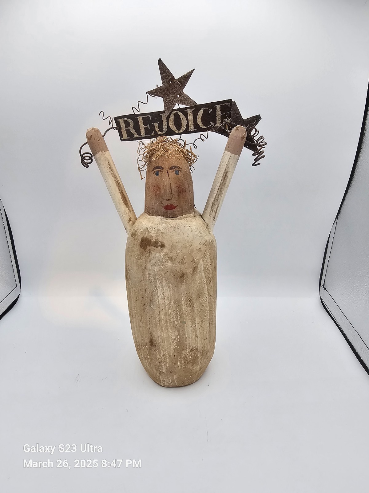 Vintage Carved Folkart Person “REJOICE” 13 inches