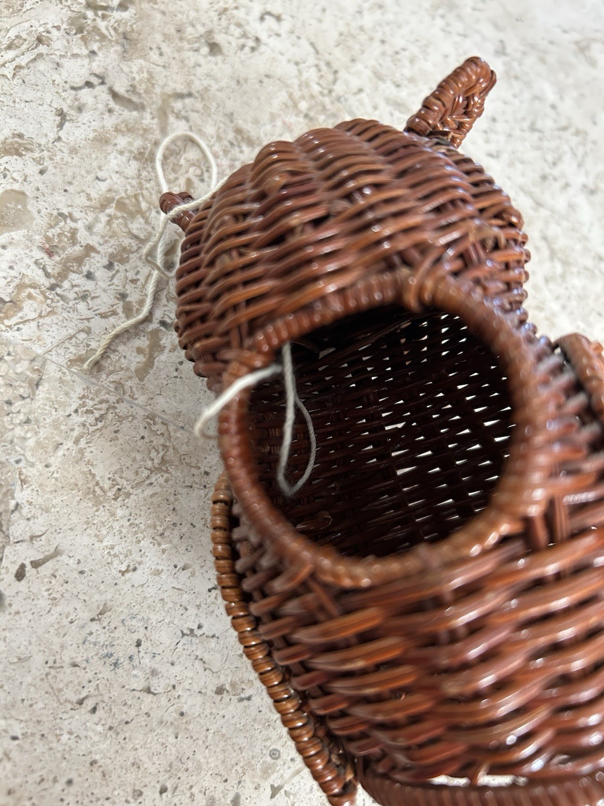 Vintage Yarn – String Holder , Free Standing Coated Wicker Owl, 4” Kitschy