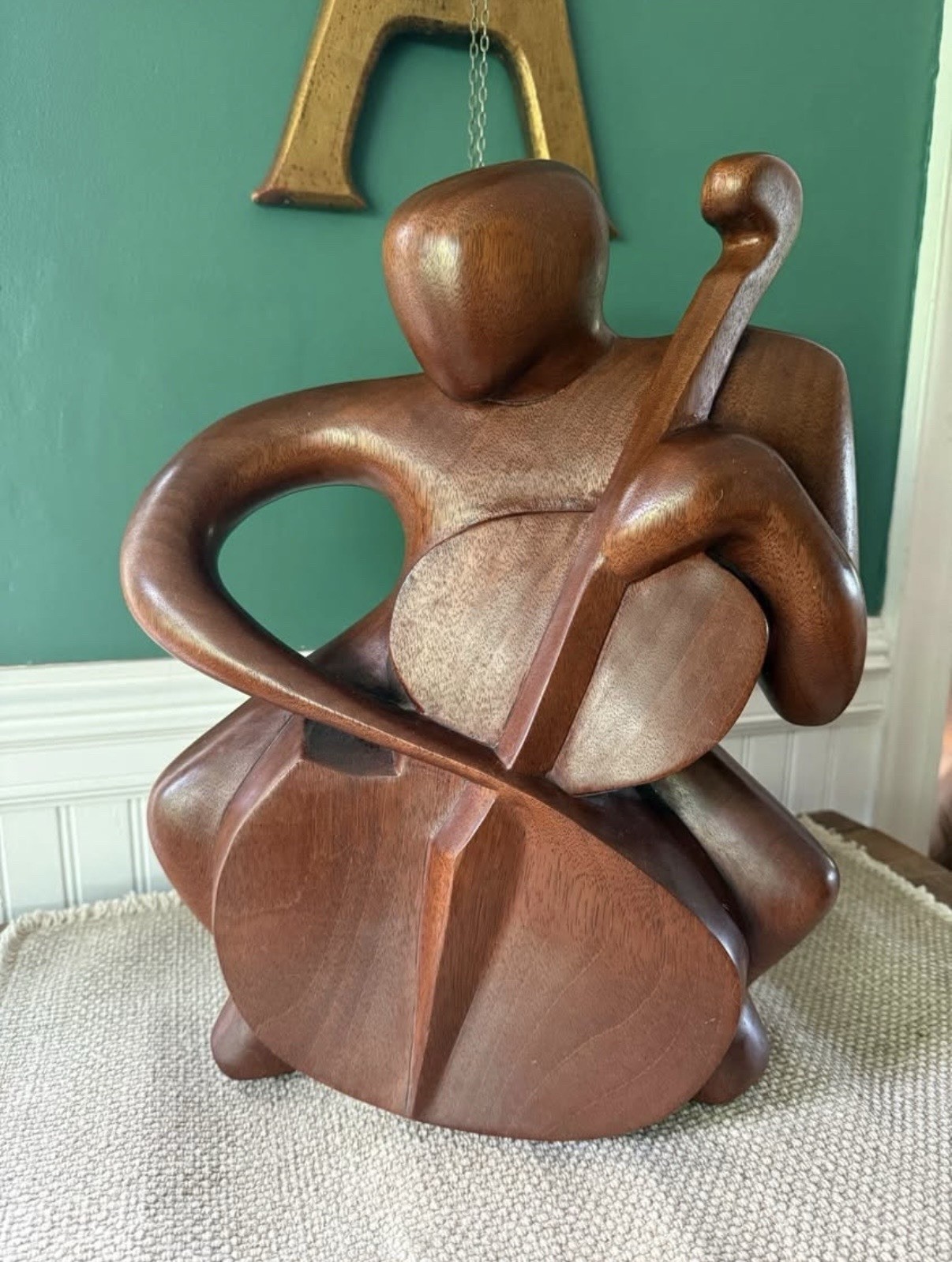 Signed Abstract Carved Wood Cello Musician Sculpture Figurine, Brown Smooth 3D