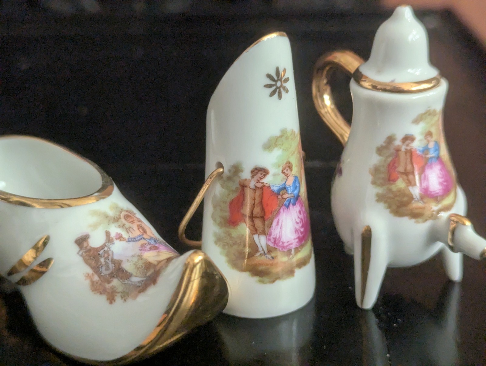 Lot Vtg Limoges France Porcelain Miniature Courting Couple Rococo Shoe Vase Tea