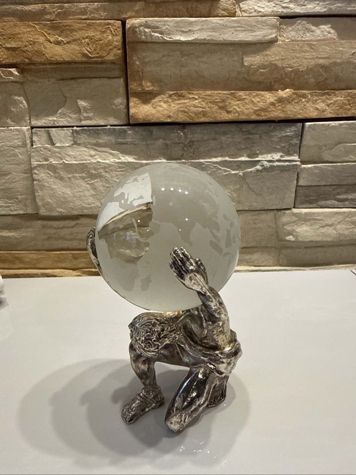 ATLAS SCULPTURE FIGURINE HOLDING SOLID FROSTED ORB GLOBE VINTAGE SILVER TONE