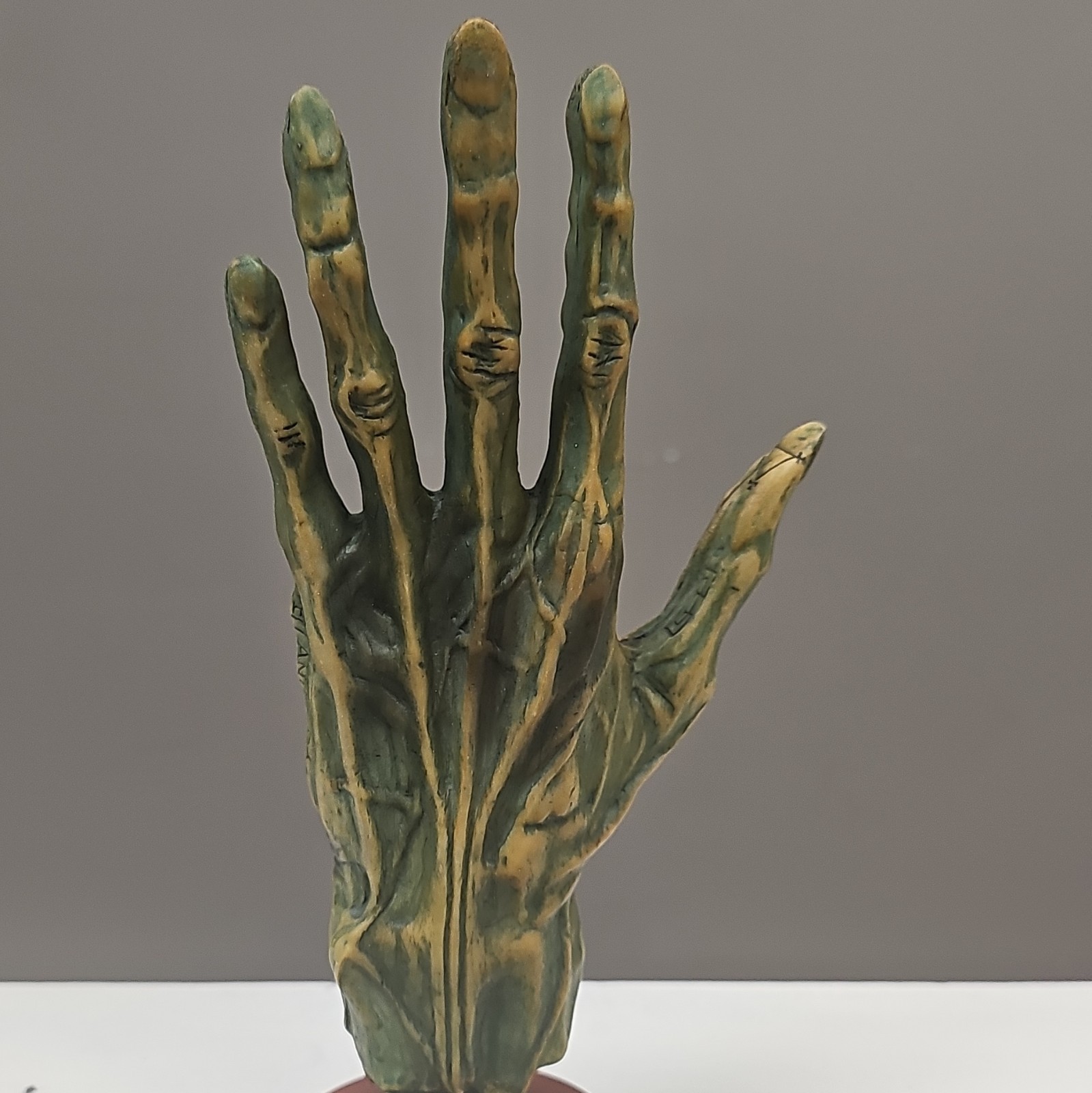 Mystical Palmistry Hand Sculpture, Green & Gold Painted Resin 3D Effect