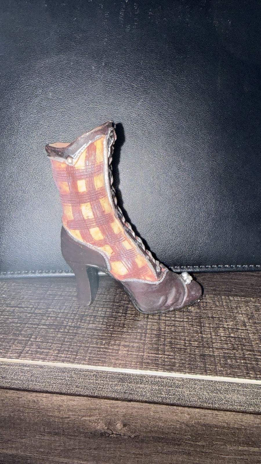 Miniature Collectible Shoe Figurine – Purple Plaid Victorian Lace-Up Boot