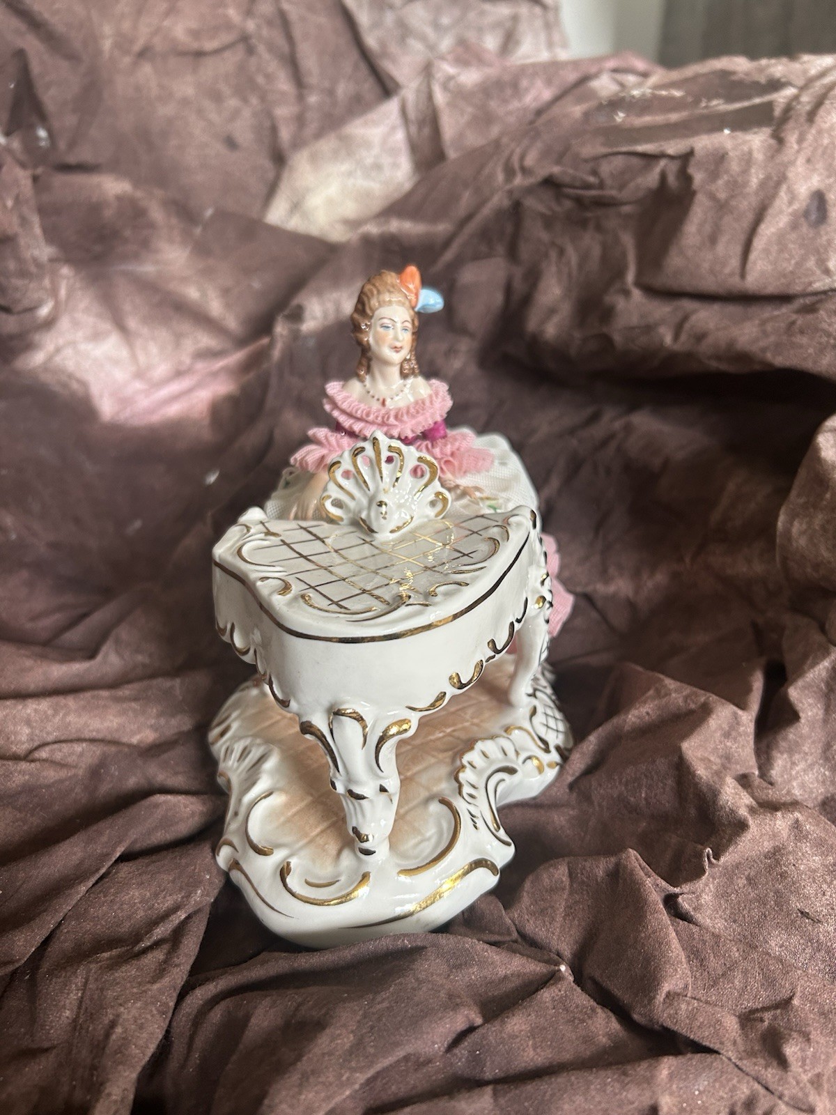 German Porcelain Dresden Lady at Piano. Dipped Pink/White Dress Numbered piece.