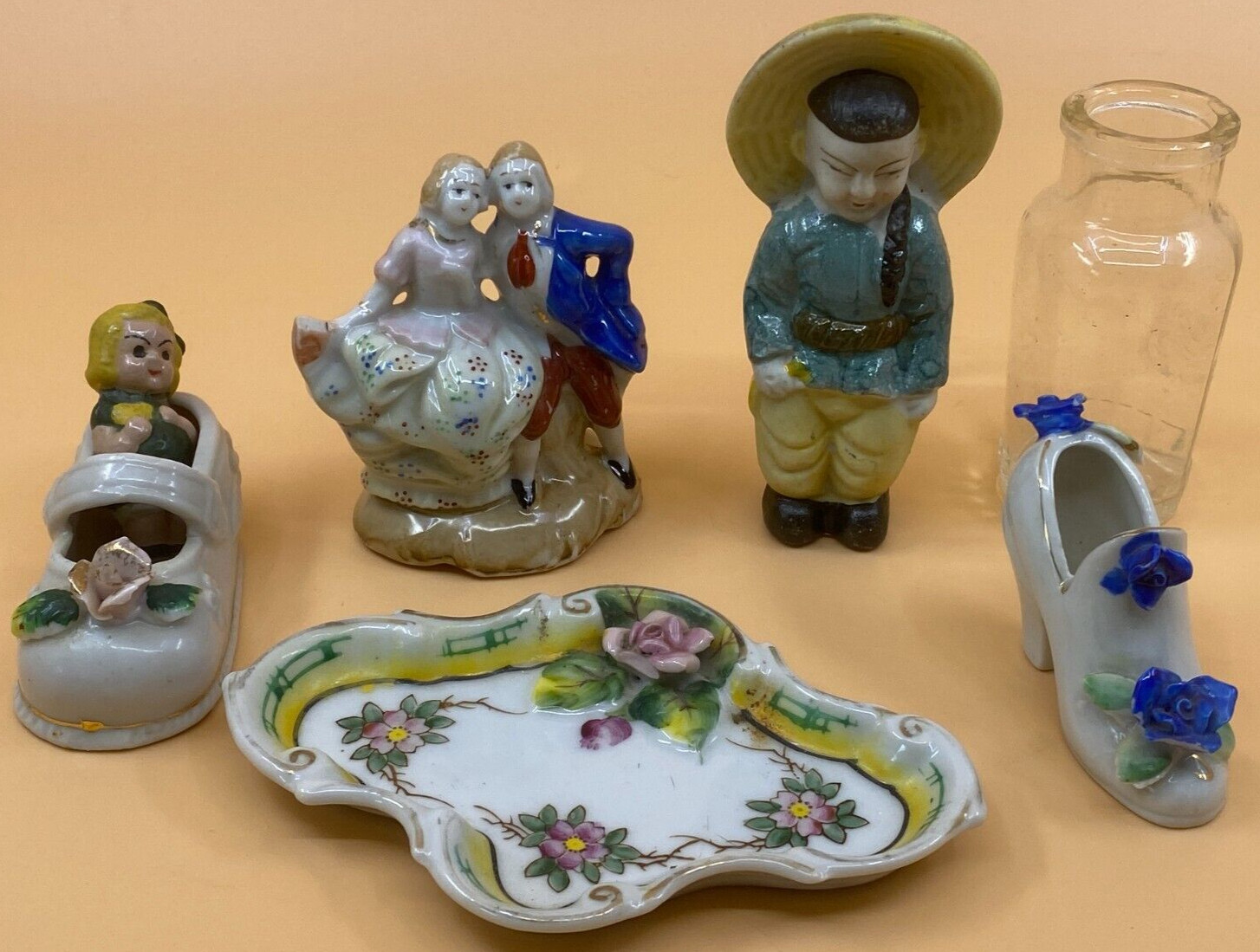 Lot of 7 Vintage Porcelain Figurines Glass Bottle Made in Japan Occupied Japan