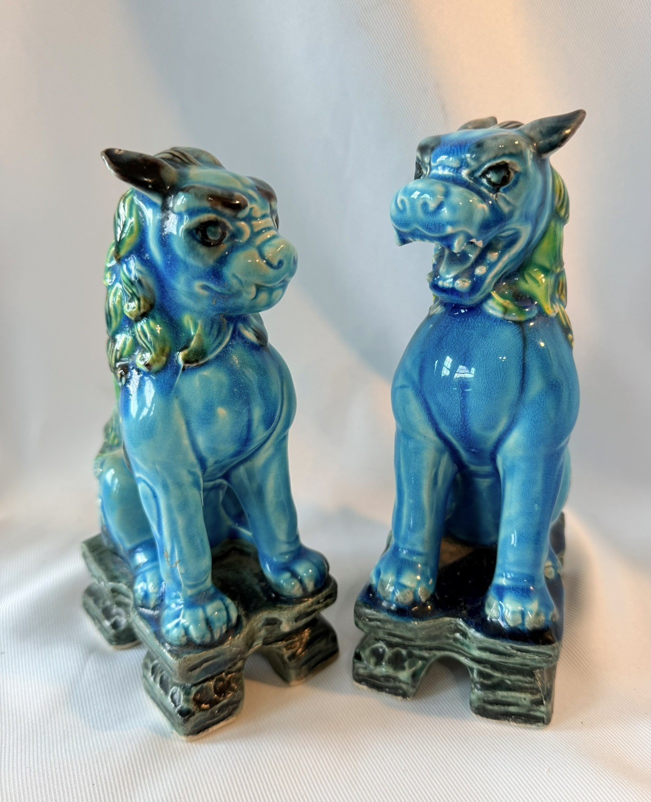 Vtg Pair Foo Dogs Andrea by Sadek Japan Blue Green Guardian Figurines 7.5” *READ
