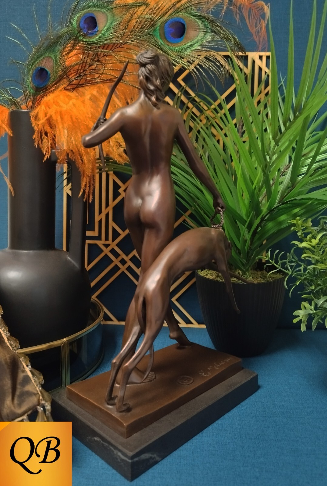 BRONZE FIGURINE DIANA & HOUND ART DECO SCULPTURE HUNTRESS STATUE NUDE FIGURE LP