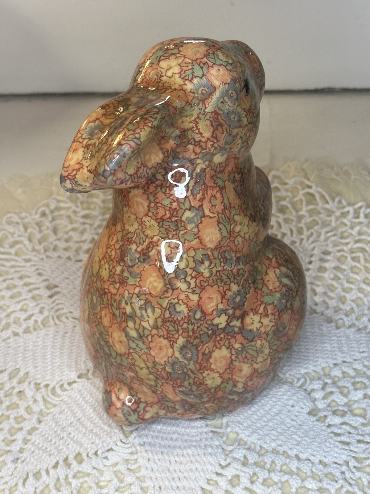 Vintage Decoupage Glazed Floral Bunny Rabbit Figurine