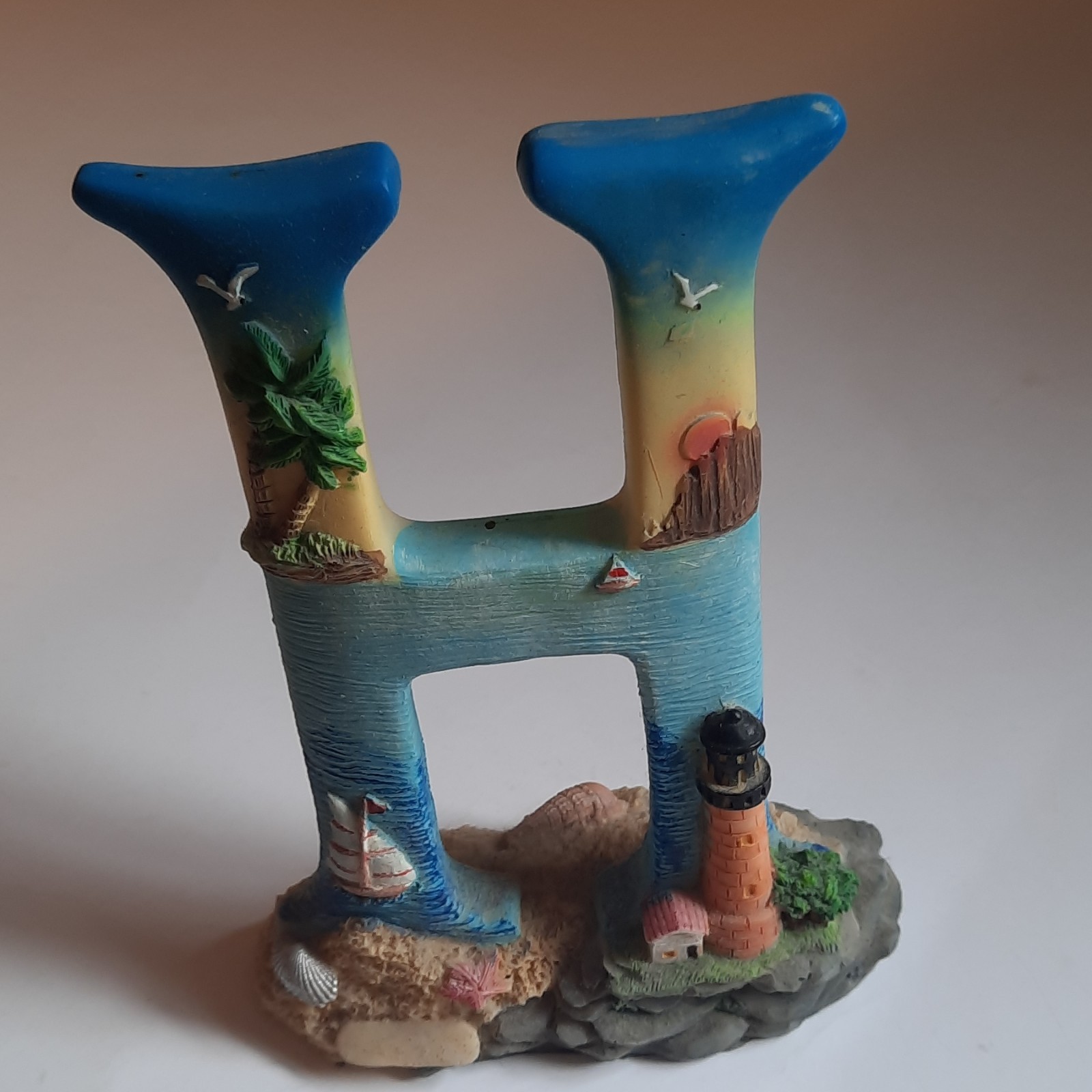 Lighthouse Nautical Letter H Hand Painted Resin Figurine Blue Beige Multicolor