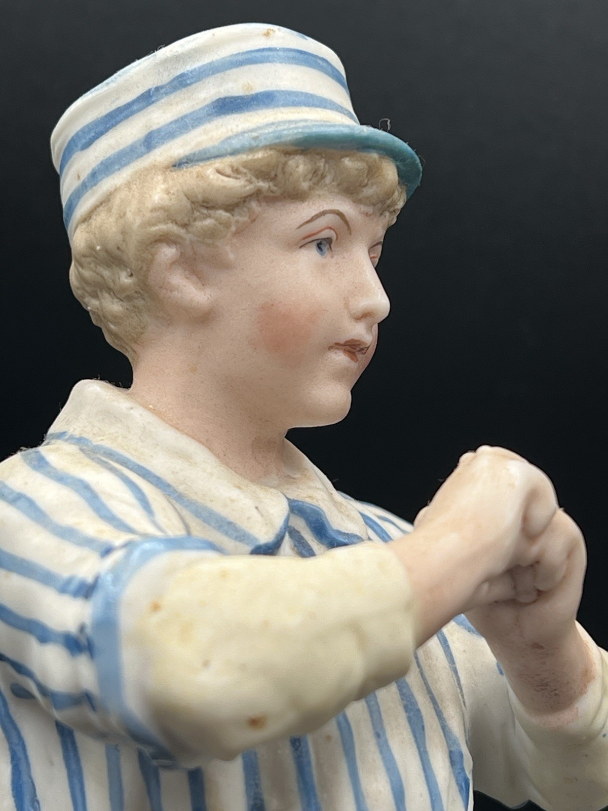Gebruder Heubach-German Bisque-Baseball/Cricket Pitcher-Blue Striped Shirt 10″