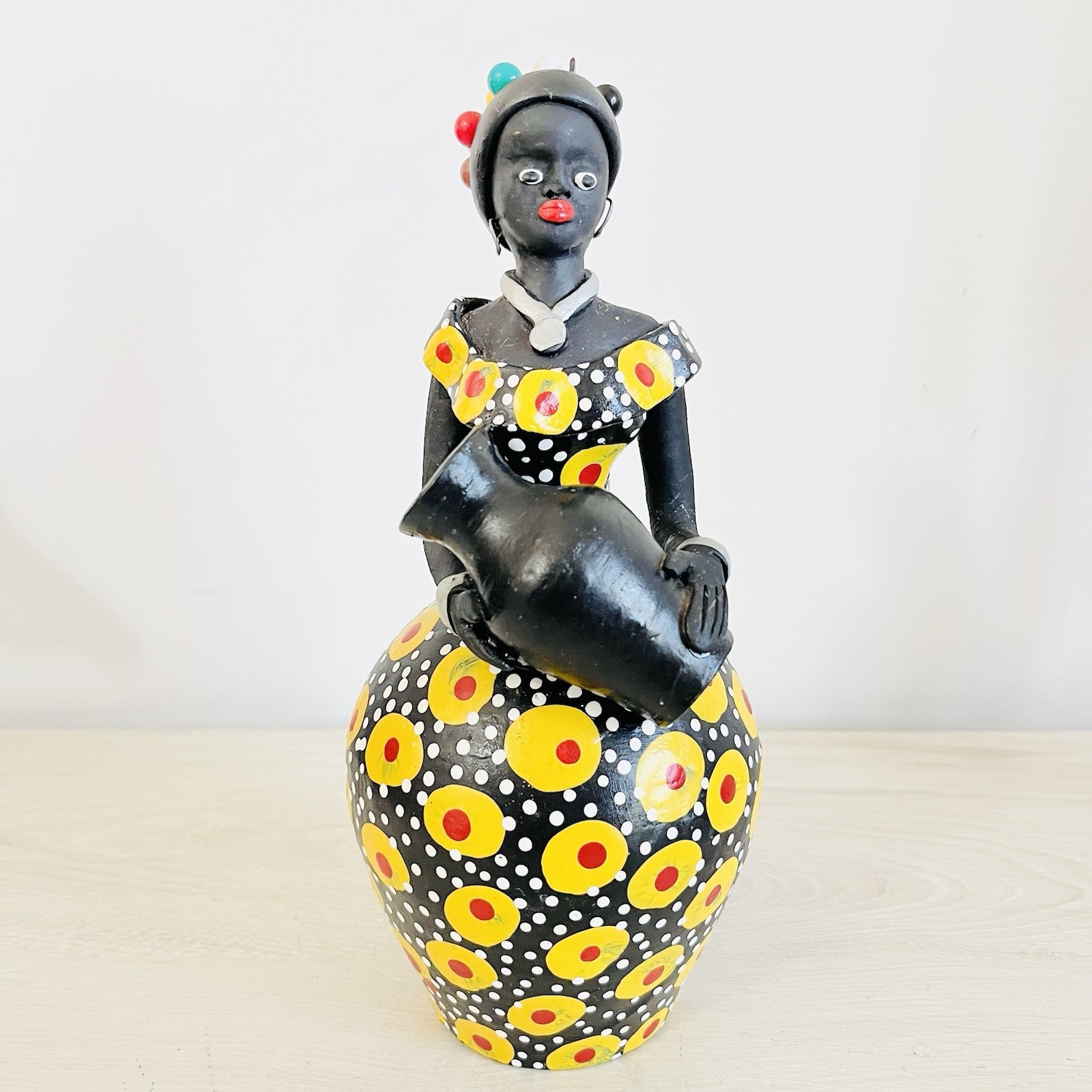Mini Baiana de Barro Artisan Hand painted Made Of Clay Yellow Figurine 8”