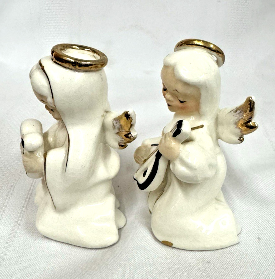 Vtg MCM Angel Christmas Figurines Musicians w/Lyre & Lute Japan ~ Set of 2