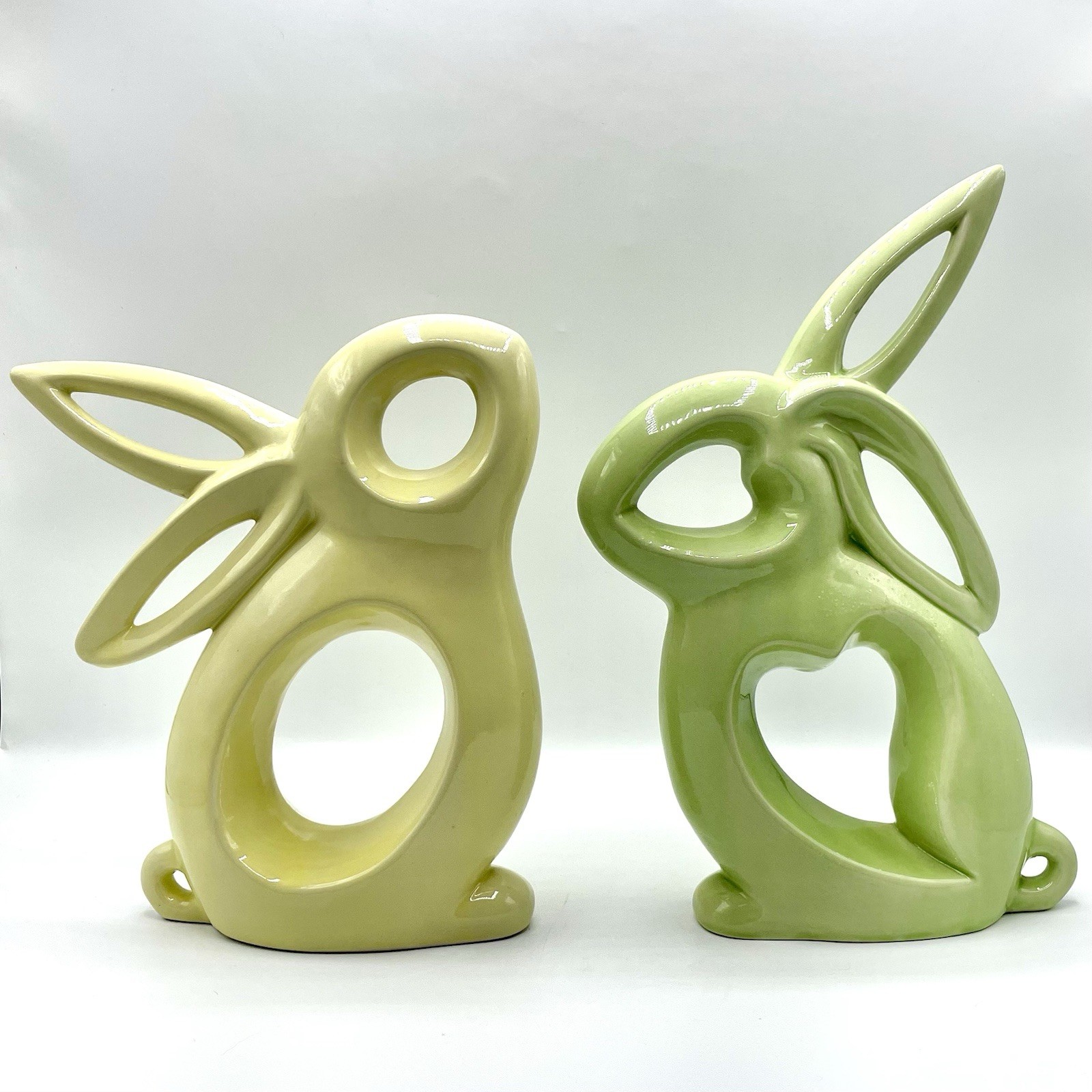 Abstract Green & Yellow Openwork Ceramic Bunny Rabbit Sculpture Set Modern Decor