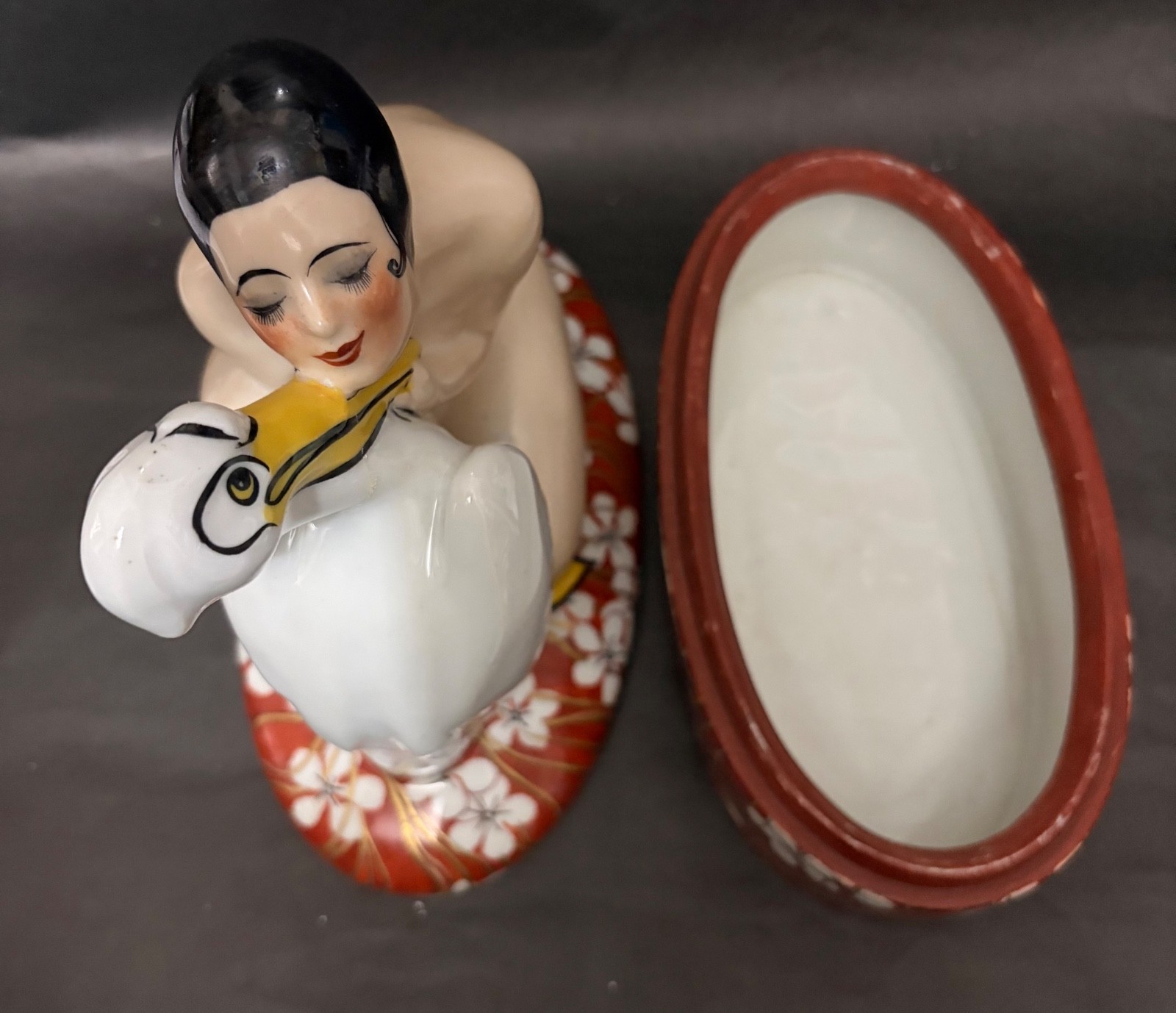 Large Art Deco Aladin France Porcelain Jewelry Chest – Nude Woman & Pelican – 11