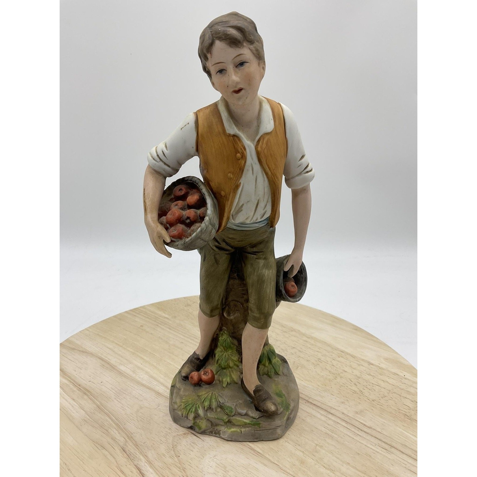 Vintage Ceramic Boy With Apple Baskets Figurine Farmhouse Home Interior Decor
