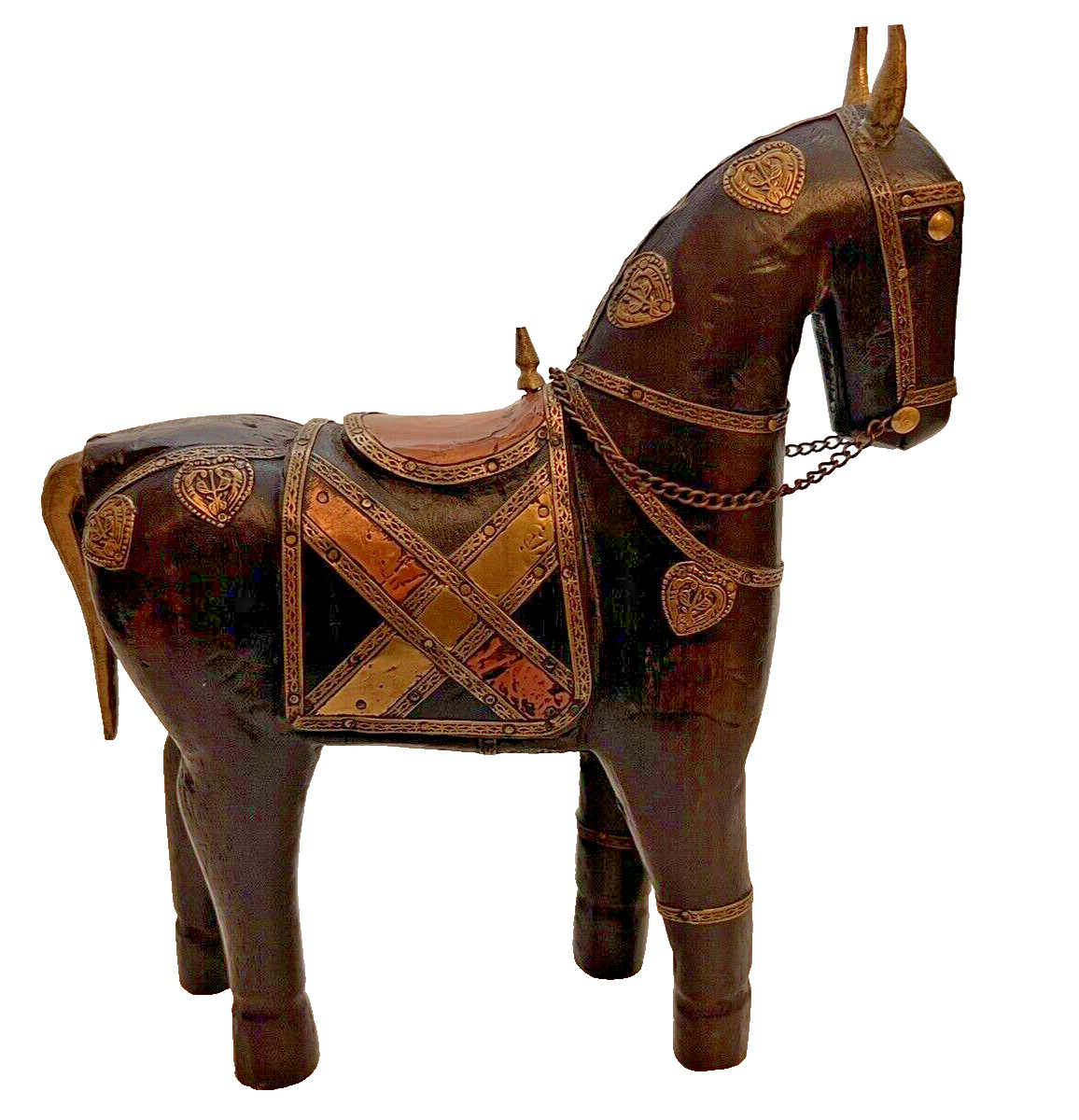 Wood & Inlaid Brass Copper Armored Metal Horse 10″ Tall Ornate India Hand Carved