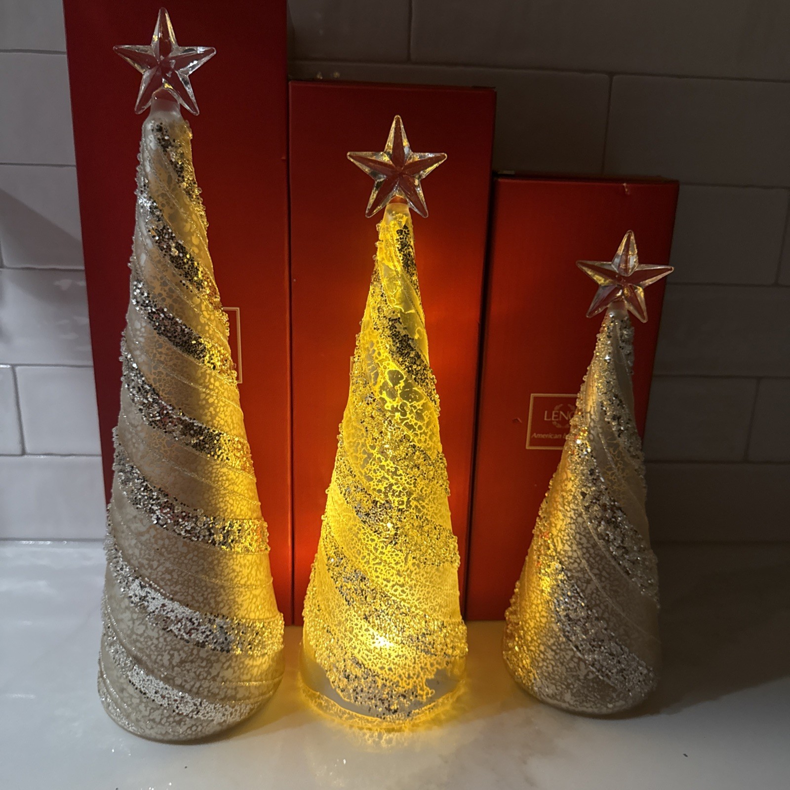 Lenox Lot of 3 Silver/White Lighted Mercury Glass Tree Figurines 9.5,11 & 12.5”