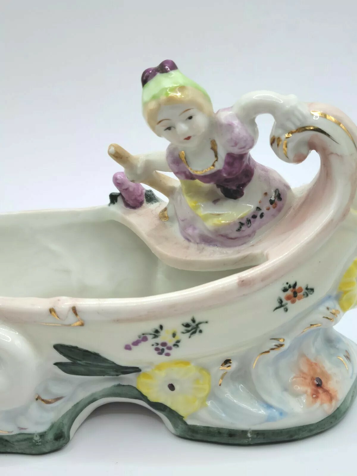 Vintage Porcelain Figurine Woman Rowing a Gondola Florals Swan