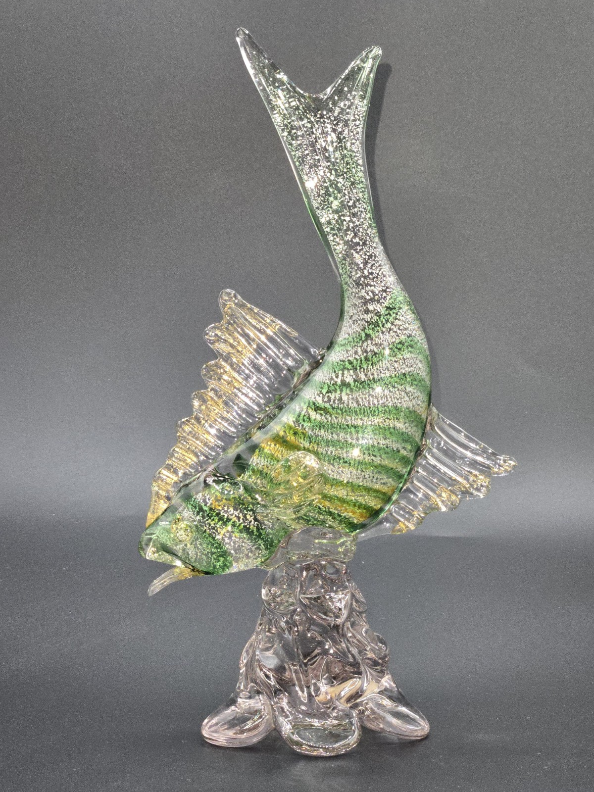 Murano Glass Hand Blown Green Fish Silver & Gold Aventurine 10.75″