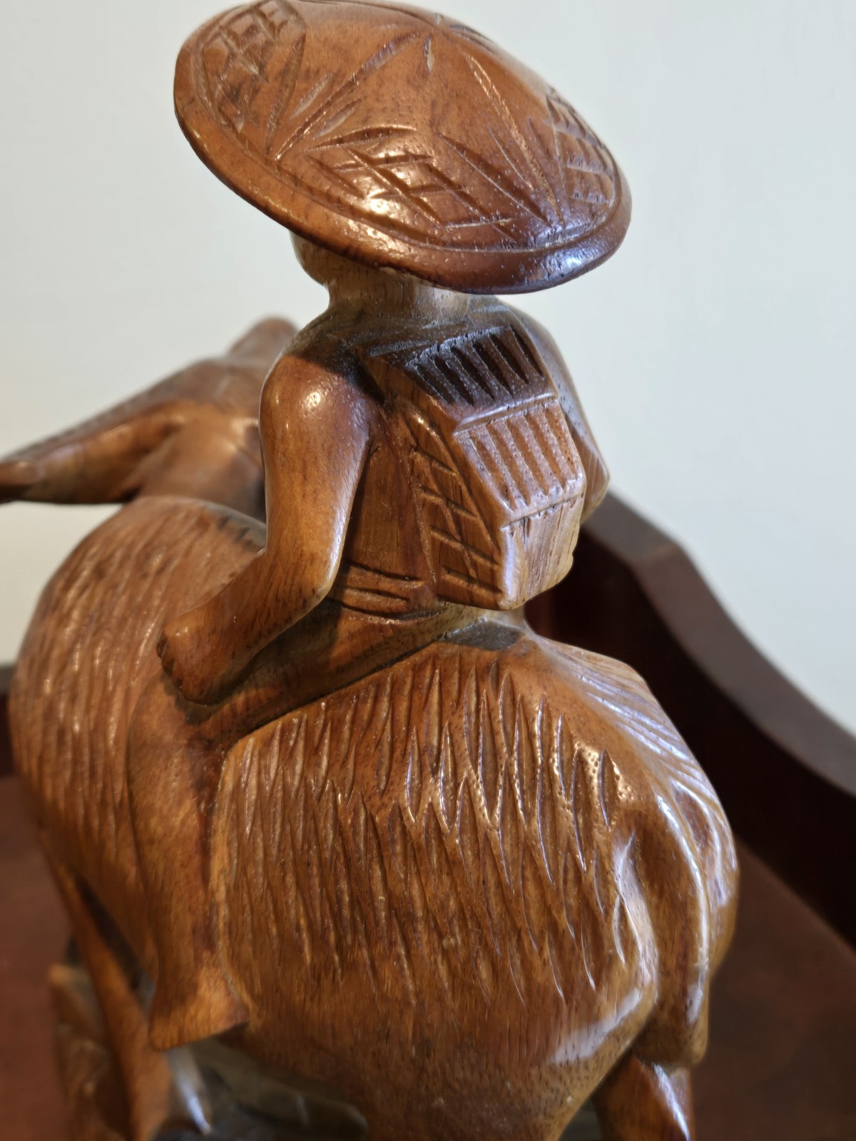 Vintage Hand Carved Wood Asian Farmer Riding Water Buffalo Sculpture Statue Ox