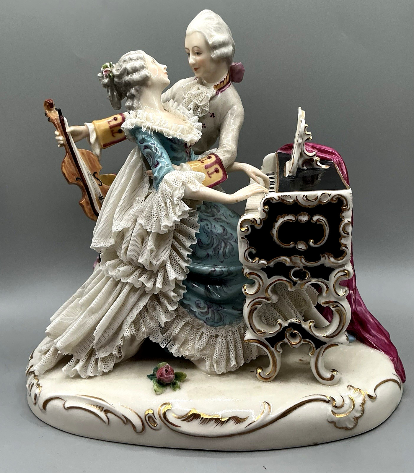 Vintage Dresden Lace Porcelain Figure Romantic Couple Harpsichord Piano Germany