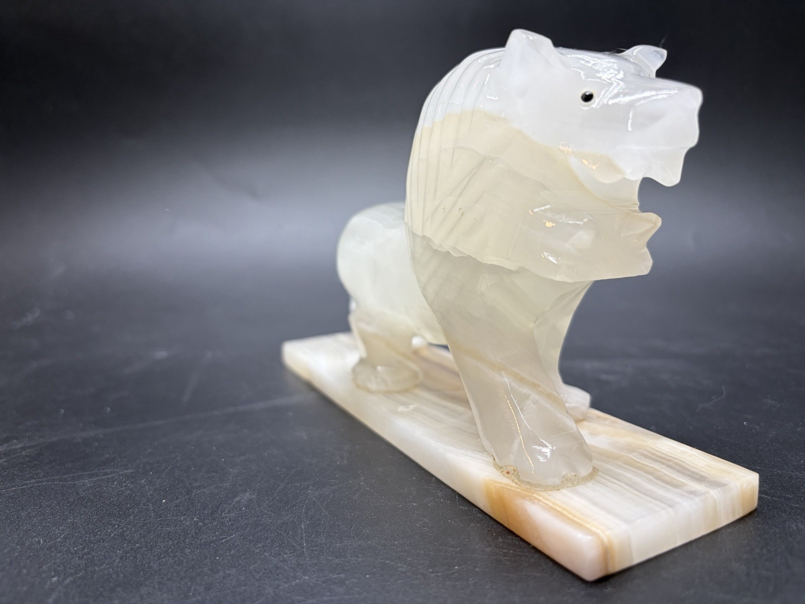 Vintage Hand Carved Art Deco Style Onyx Stone Lion On Onyx Base Sculpture