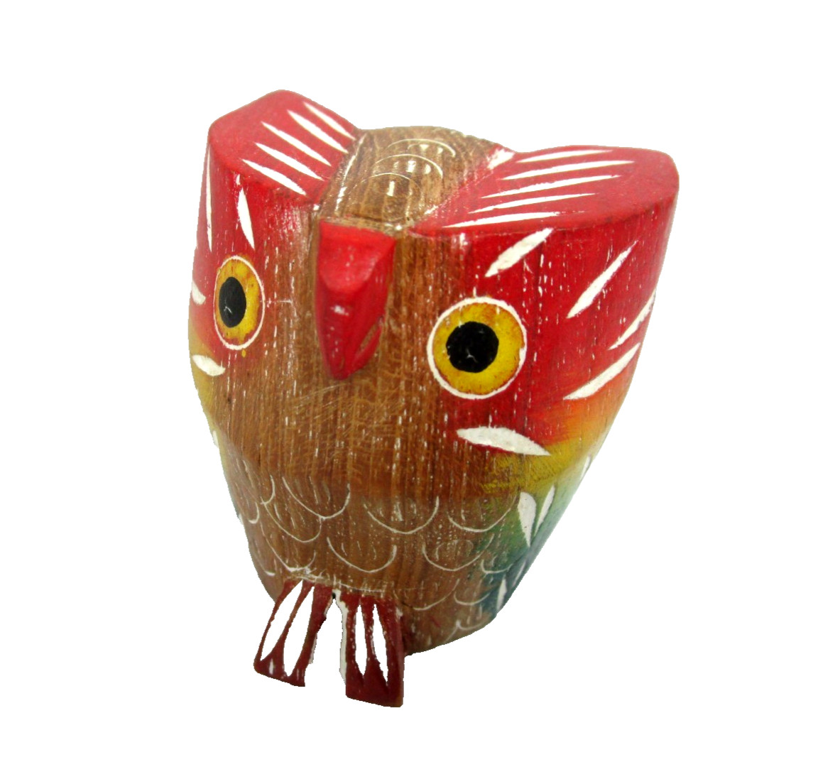 Small Hand Carved and Painted Wood Owl Figure Folk Art bright colors 2 inch