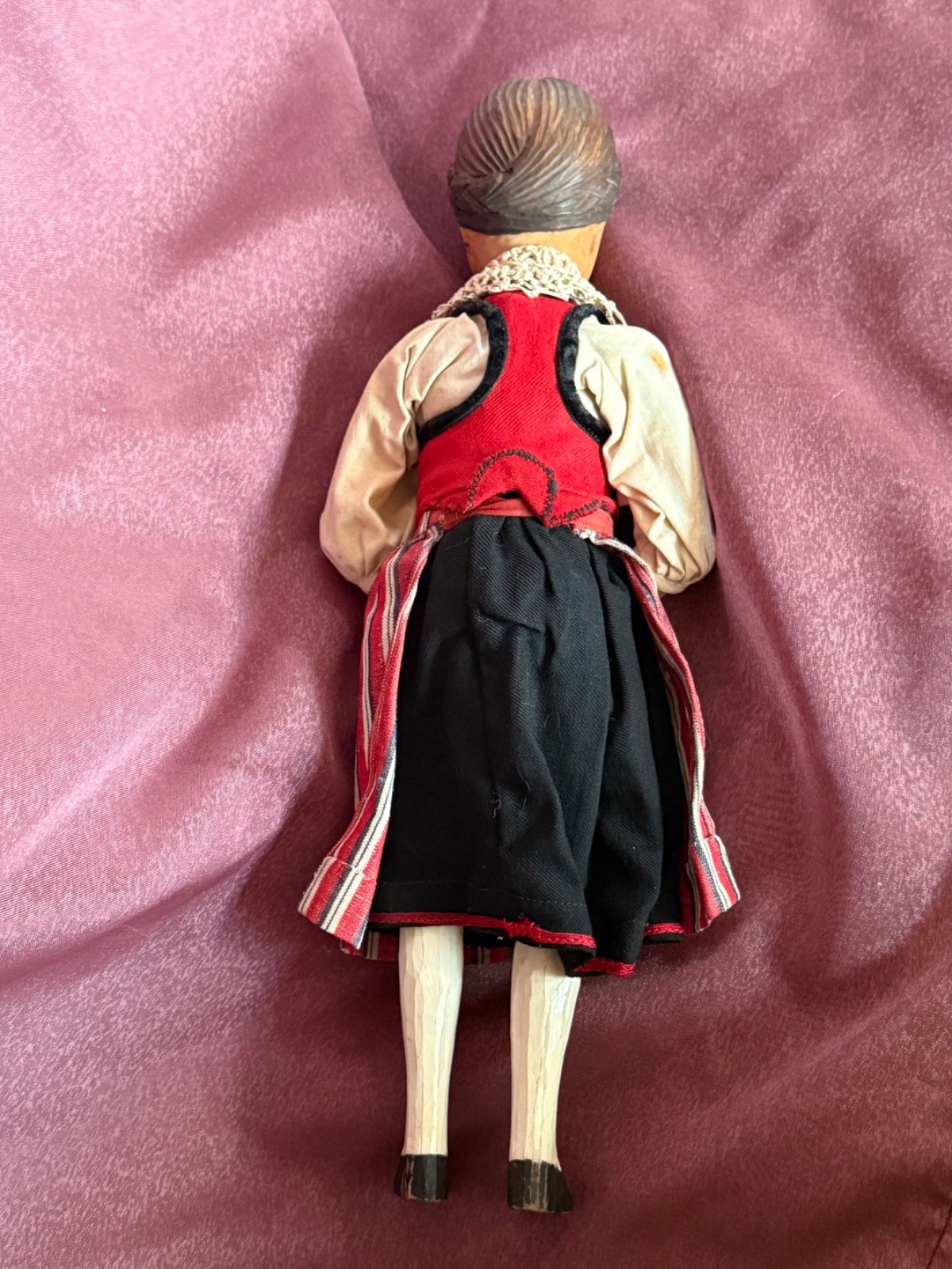 Vintage Swiss Hand Carved Wooden Girl Doll Head Cloth Body Hand made Costume