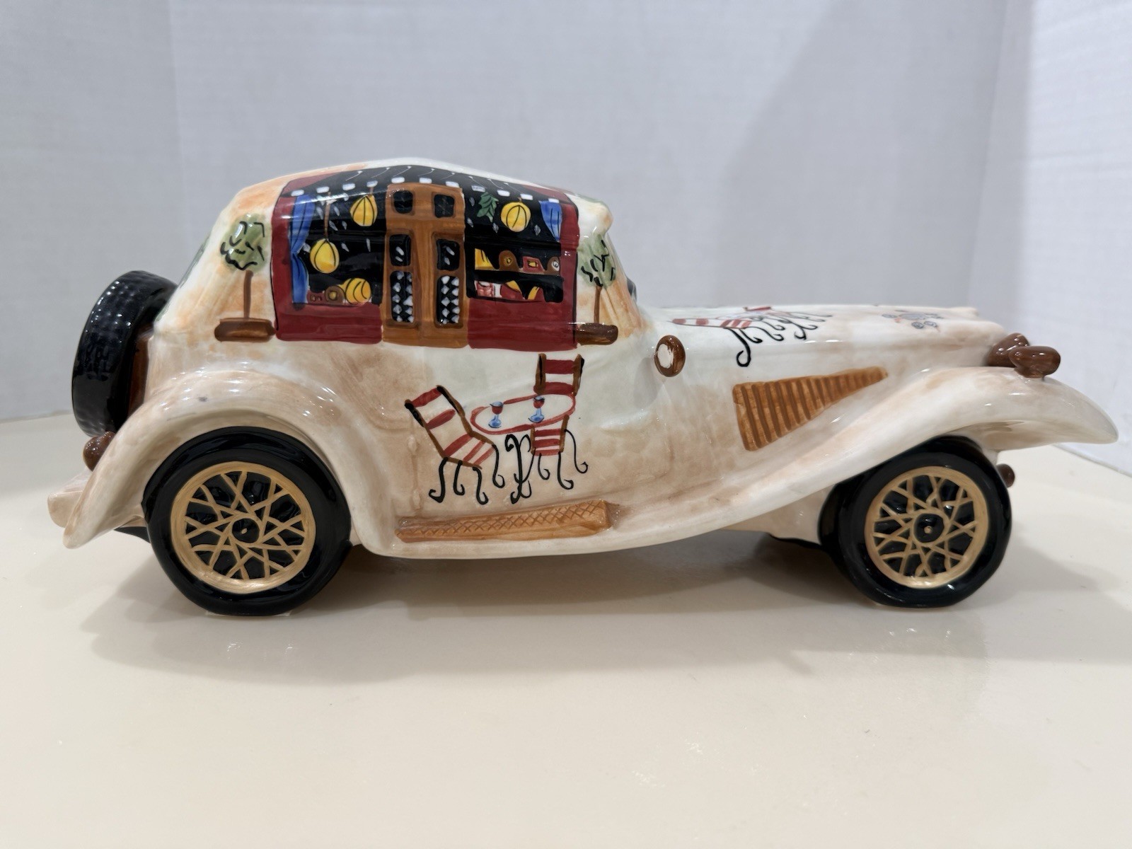 Vintage Hand-Painted Ceramic Car Sculpture Italian Café Bistro Scene Décor
