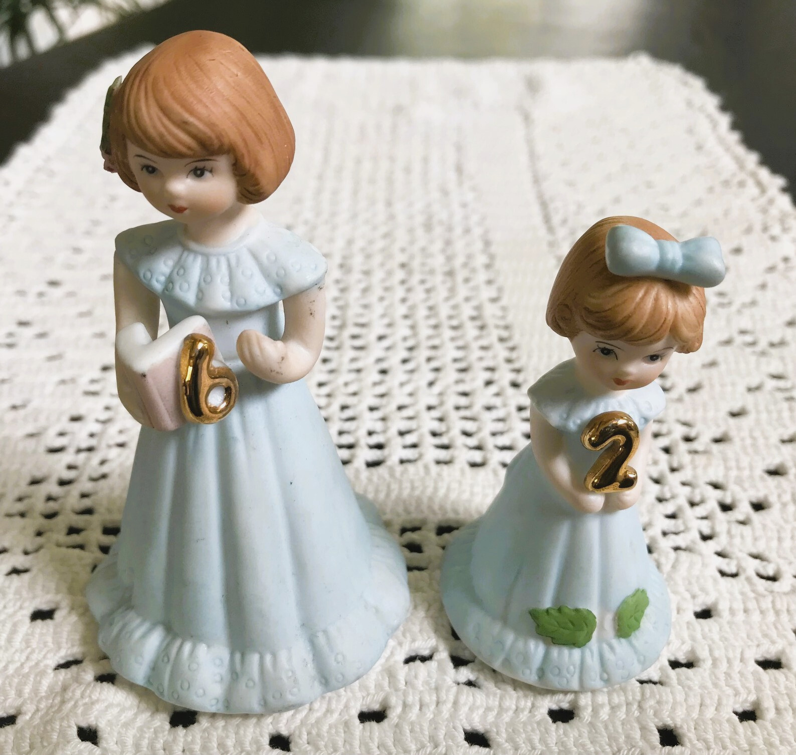Vtg Enesco Porcelain Birthday Girls for Ages 2 and 6 Light Brown Hair