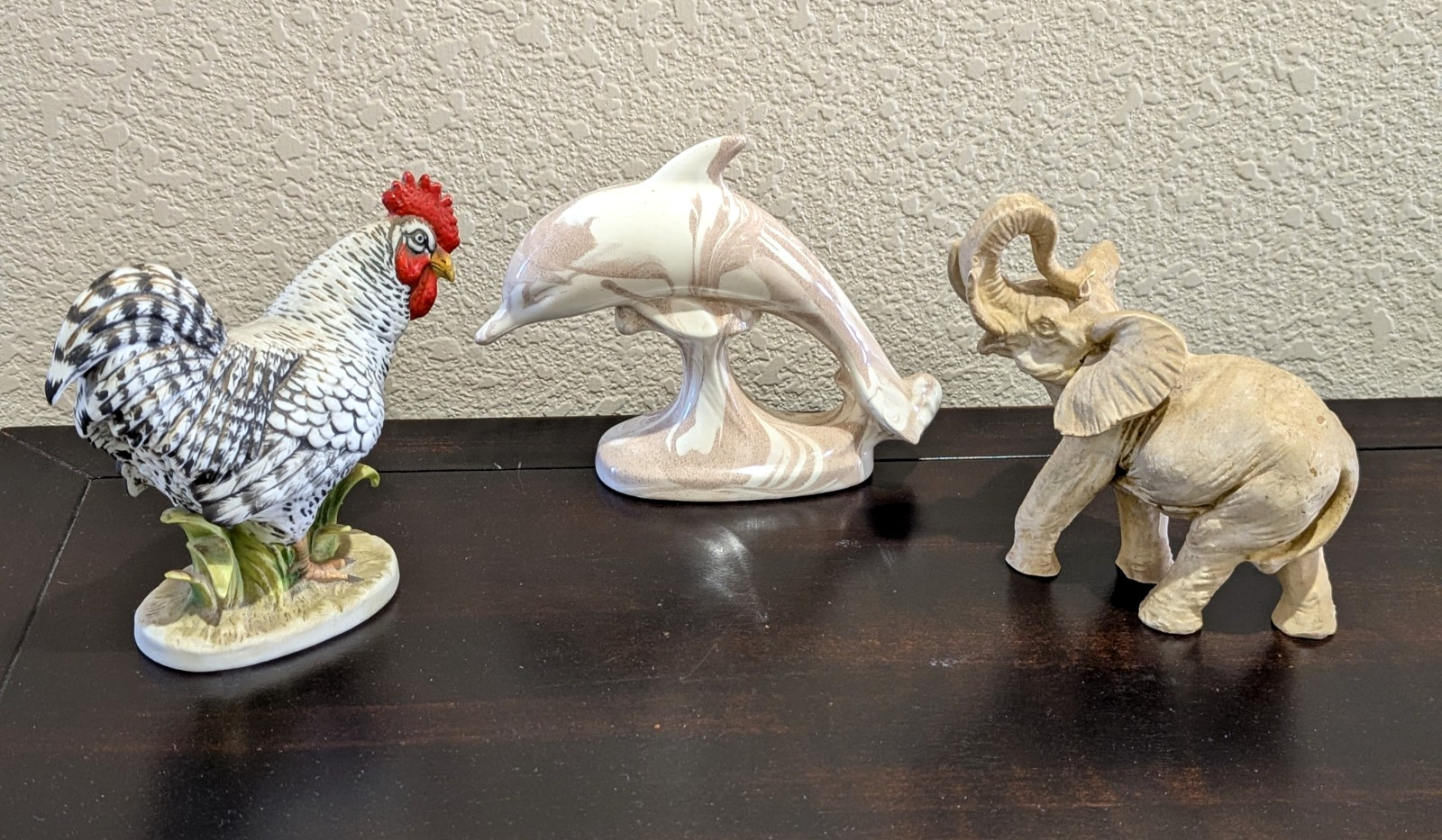 Collectible 3 Animal Figurine Lot – Elephant / Lefton Rooster / Ash Ware Dolphin