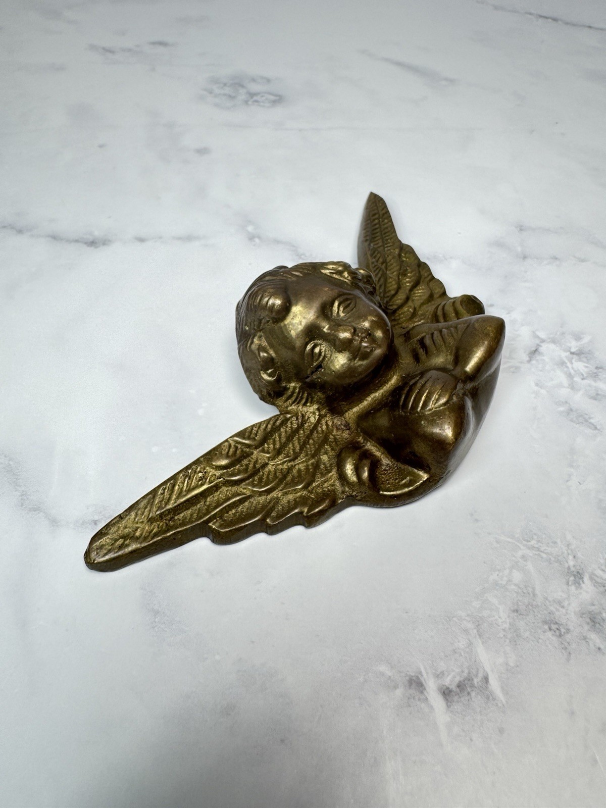 Vintage Brass Angel Cherub Wall Hanging Boudoir Whimsical Sculpture Figurine 5″