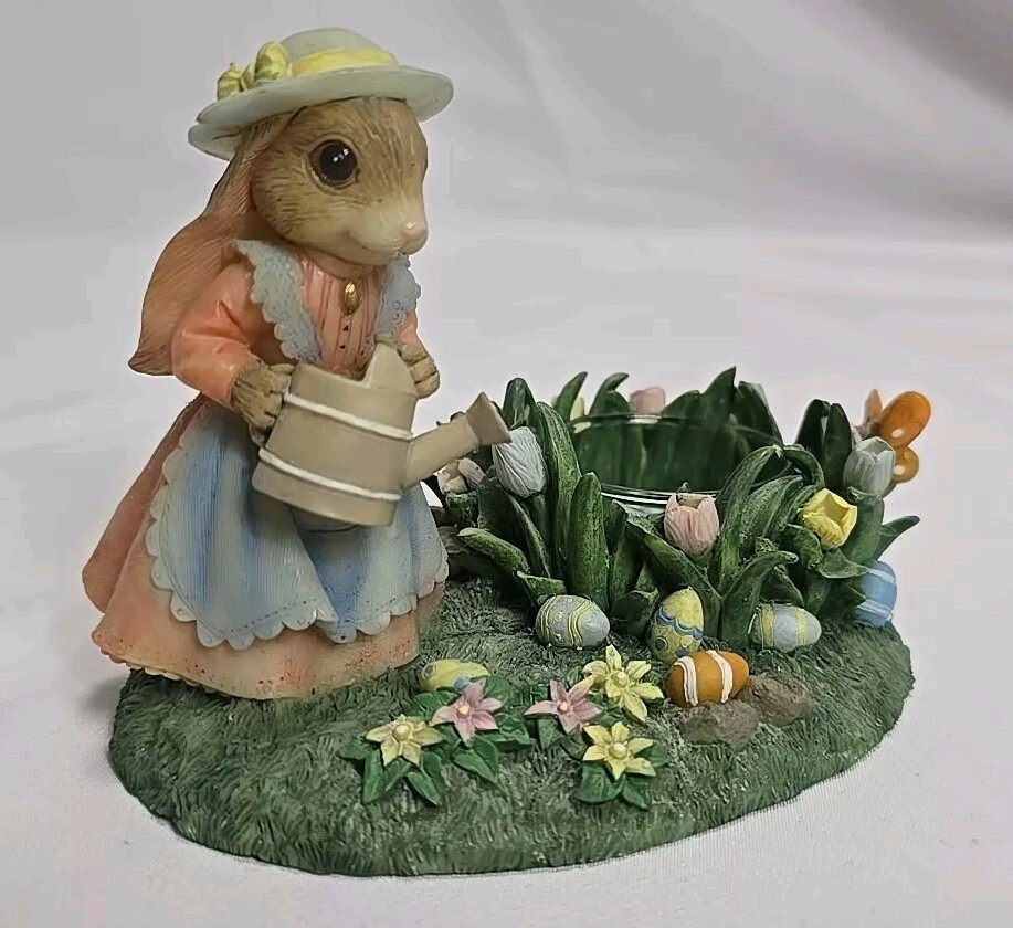 RARE Cute Bunny W/Pink Dress, Blue Apron & Hat In Easter Garden ~Candle Holder!