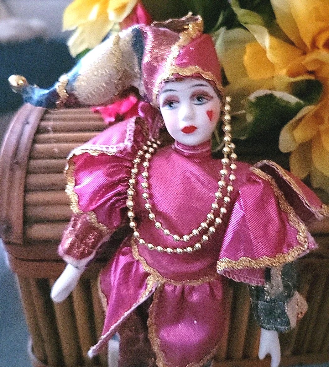 Porcelain Jester Harlequin Doll Burgundy Gold metallic Mardi Gras Clown Vintage