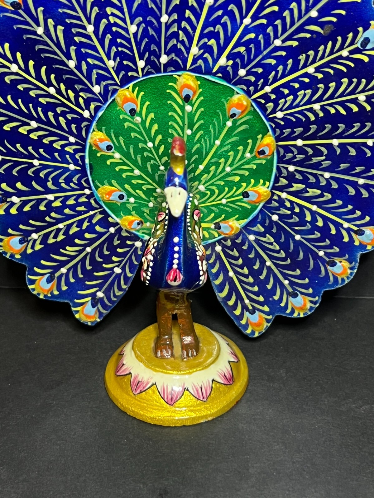 VTG Signed Hand Painted Blue & Green Metal Folk Art Dancing Peacock Figure 5.5″