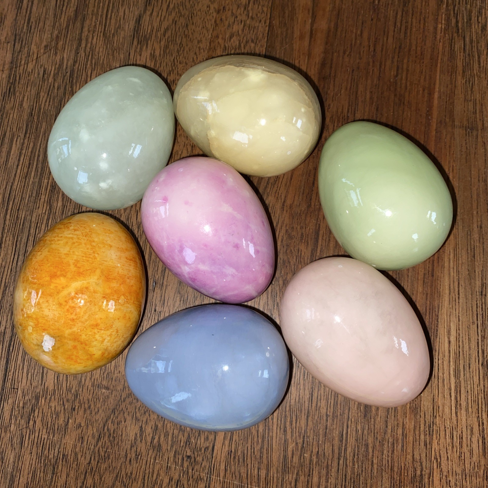 7 Genuine Alabaster Easter Eggs Hand Carved 2.25” Tall Multicolors Made in Italy